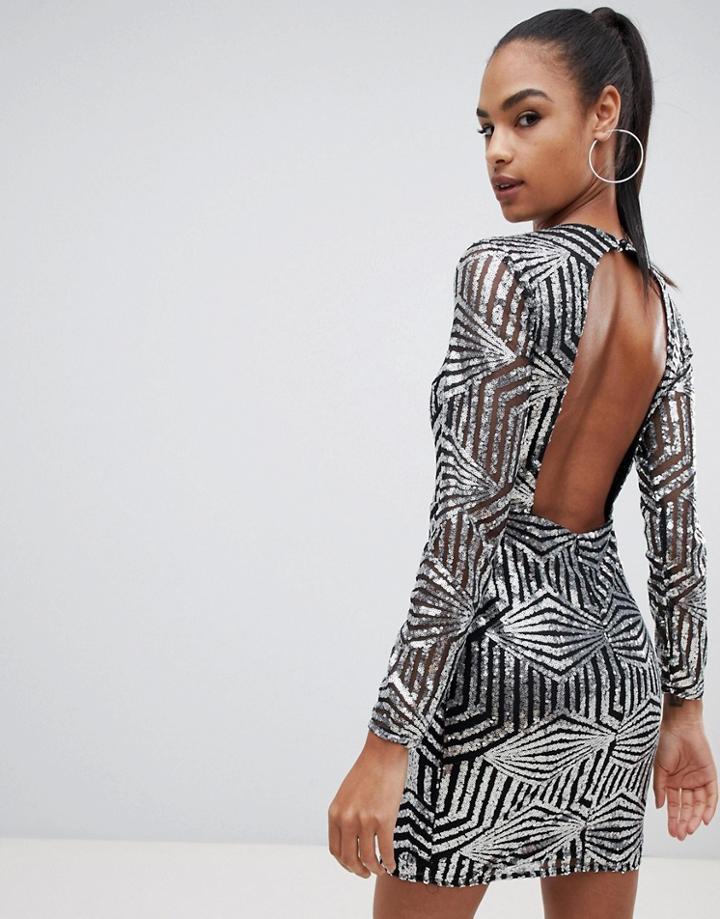 Prettylittlething Open Back Sequin Mini Dress In Silver - Silver