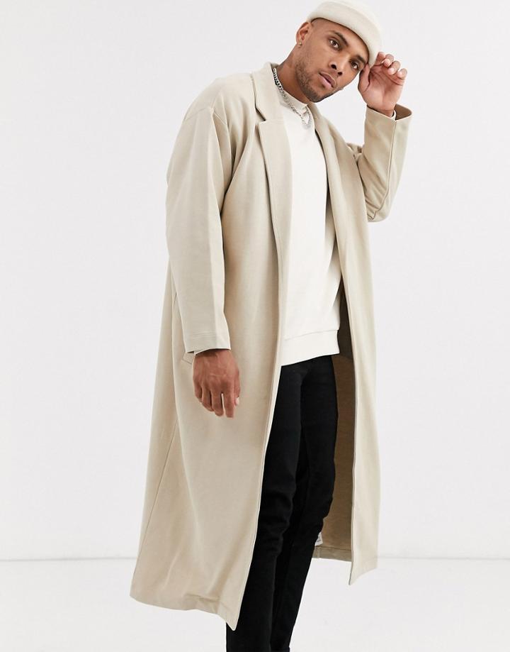 Asos Design Oversized Longline Jersey Duster Jacket In Beige