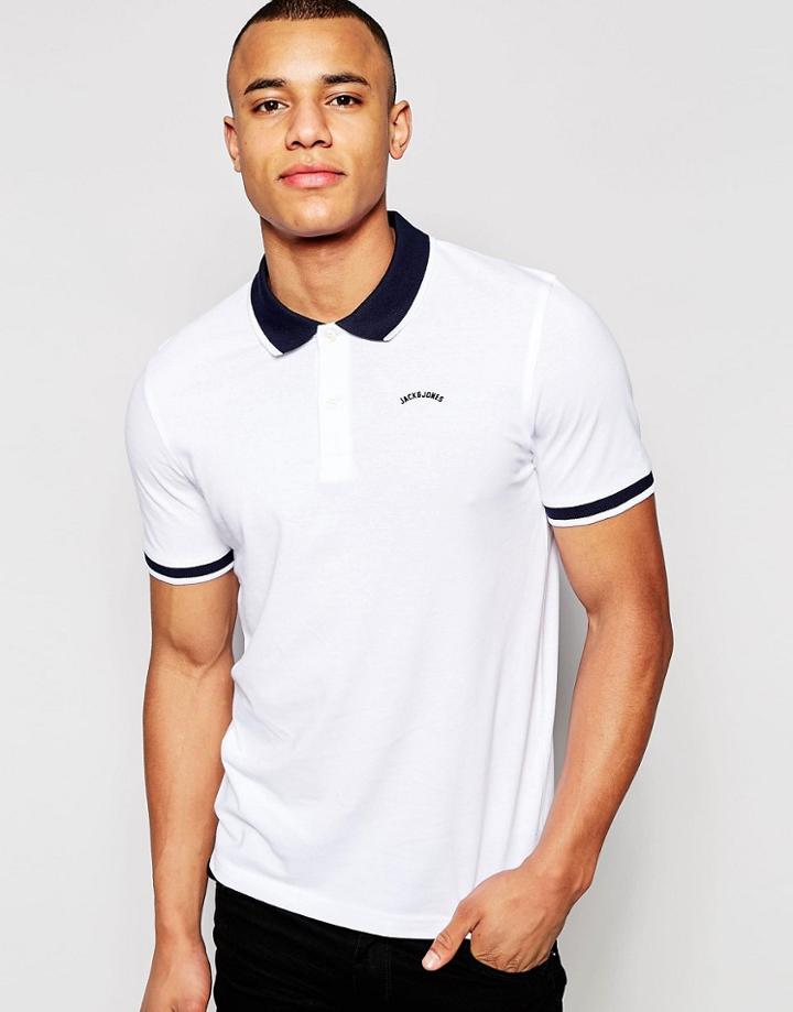 Jack & Jones Pique Polo Shirt With Contrast Collar - White