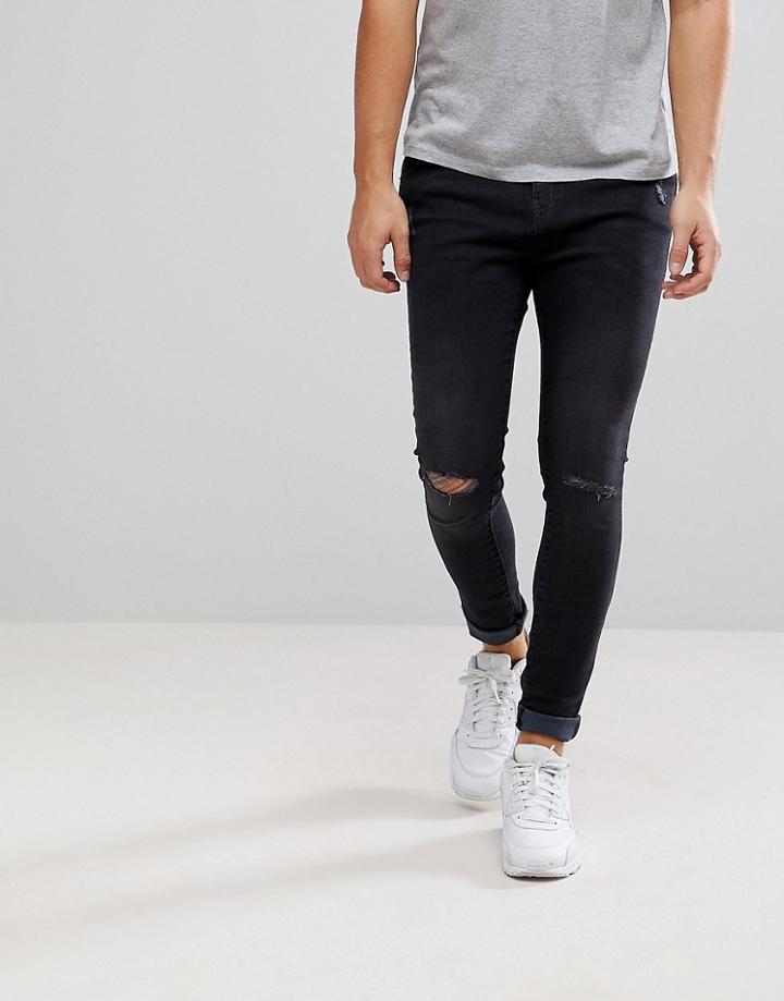 Bershka Super Skinny Jeans With Rips In Black - Black