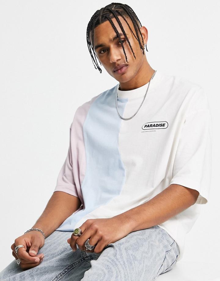 Asos Design Oversized T-shirt In Ecru And Pink Color Block With Text Print-neutral