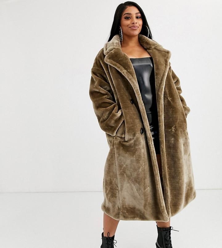 Asos Design Curve Plush Faux Fur Maxi Coat With Seam Detailing In Gray
