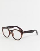 Asos Design Round Glasses In Tort With Clear Lens - Brown