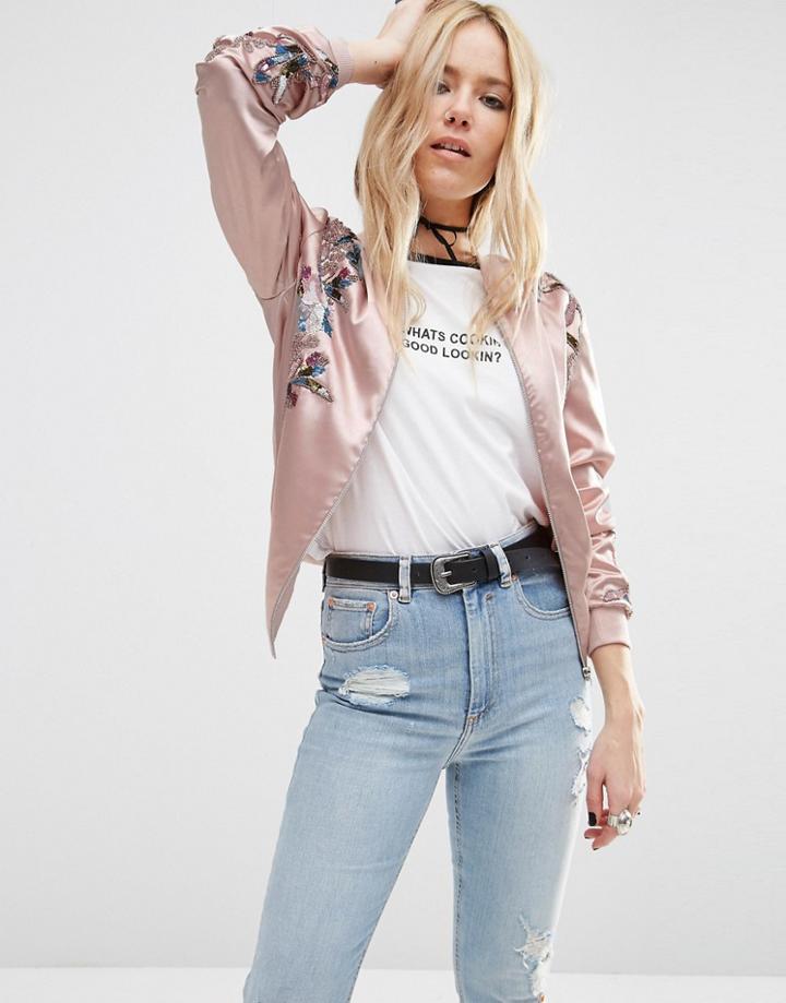 Asos Ultimate Embellished Satin Bomber - Pink