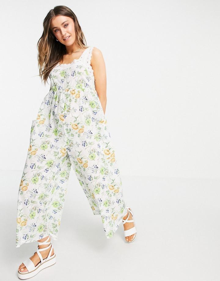 Asos Design Eyelet Trim Jumpsuit In Vintage Floral-multi