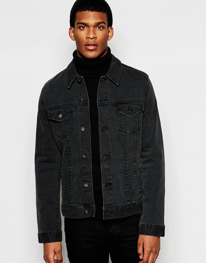 Asos Slim Denim Jacket In Washed Black - Black