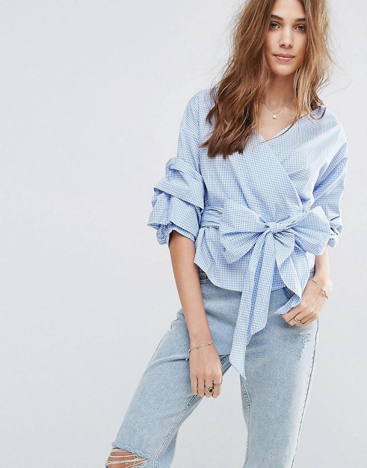 New Look Wrap Front Gingham Blouse - Blue