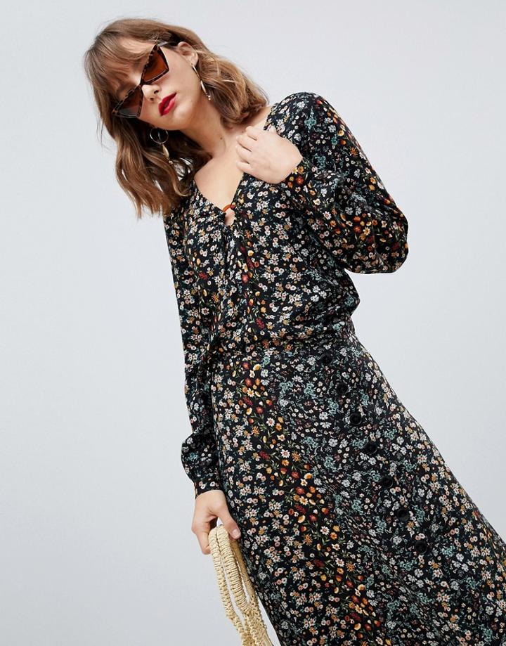 Stradivarius Floral Print Blouse With Circle Detail - Multi