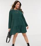 Asos Design Curve Long Sleeve Tiered Smock Mini Dress In Green