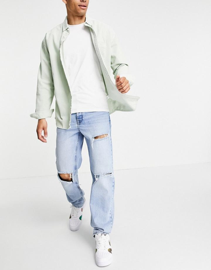 Asos Design Straight Leg Jeans In Vintage Mid Wash Blue With Heavy Rips-blues