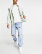 Asos Design Straight Leg Jeans In Vintage Mid Wash Blue With Heavy Rips-blues