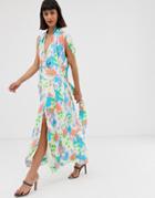 Asos Design Plunge Neck Modern Maxi Dress With Cape Sleeves In Floral Print-multi