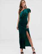 Asos Design Velvet One Shoulder Ruffle Maxi Dress - Green