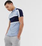Asos Design Tall Skinny Polo Shirt With Stretch And Contrast Body And Shoulder Panels In Blue