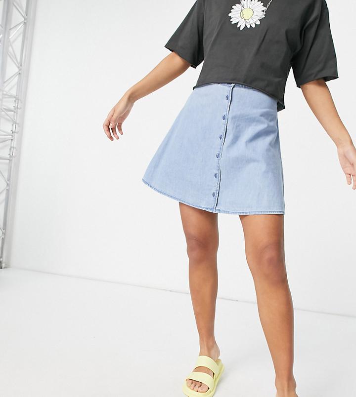 Asos Design Petite Soft Denim Button Through Skirt In Midwash-blues