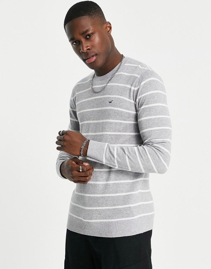 Hollister Icon Logo Striped Knit Sweater In Gray