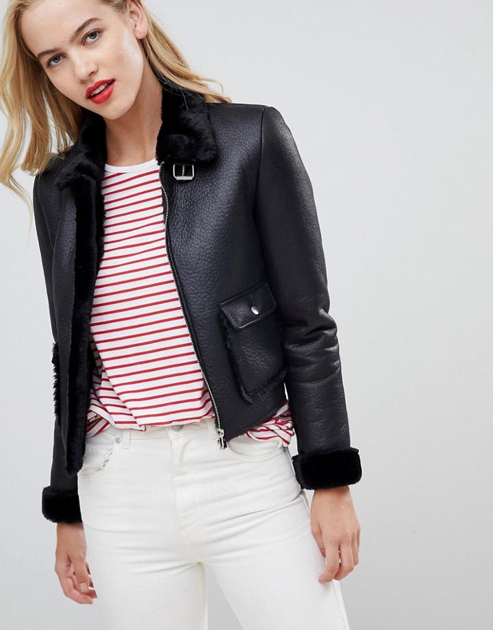 Asos Design Borg Crop Aviator Jacket - Black