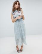 Hope & Ivy All Over Lace Midi Dress With Embroidery Detail - Green