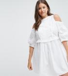 Asos Curve Cotton Smock Dress With Lace Up Detail - White