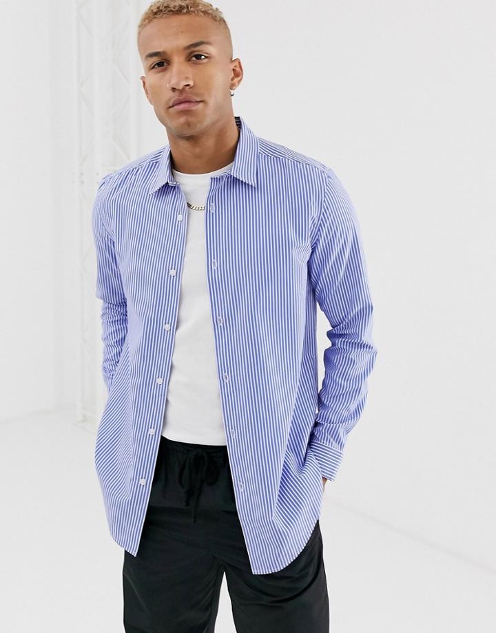 Asos Design Long Sleeve Regular Fit Stripe Shirt In Super Longline - Blue