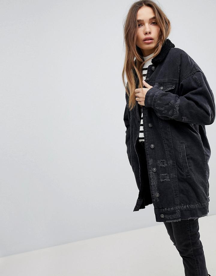 Pull & Bear Longline Fur Collar Denim Jacket - Black