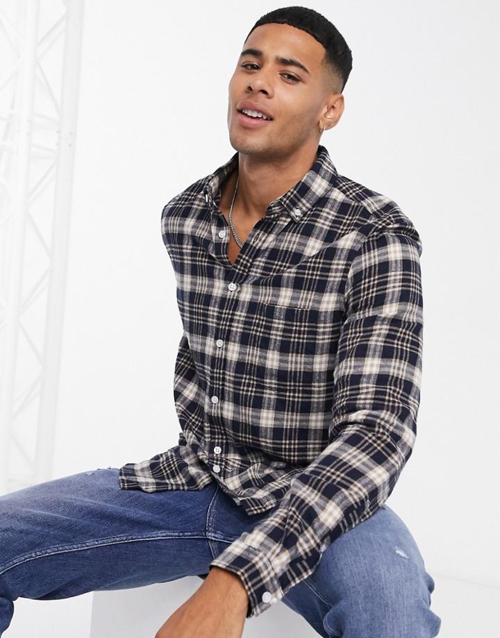 Asos Design Regular Fit Check Shirt In Navy And Beige