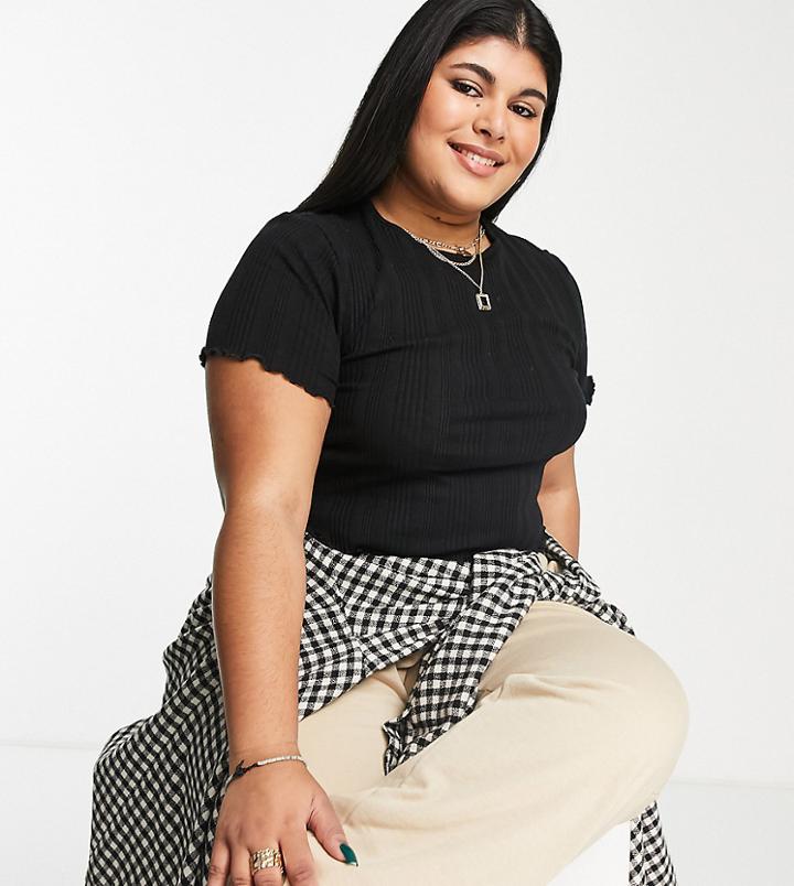 Asos Design Curve Slim Fit T-shirt With Lettuce Edge In Mixed Rib In Black