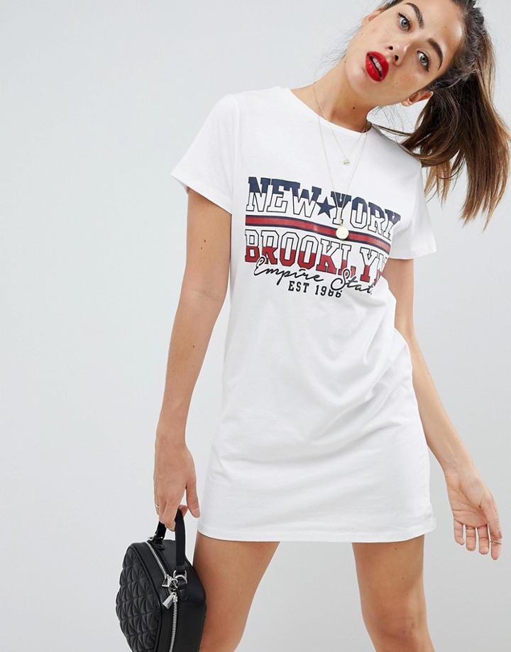 Missguided New York Slogan T-shirt Dress - White