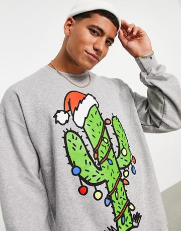 New Love Club Christmas Cactus Sweatshirt-gray