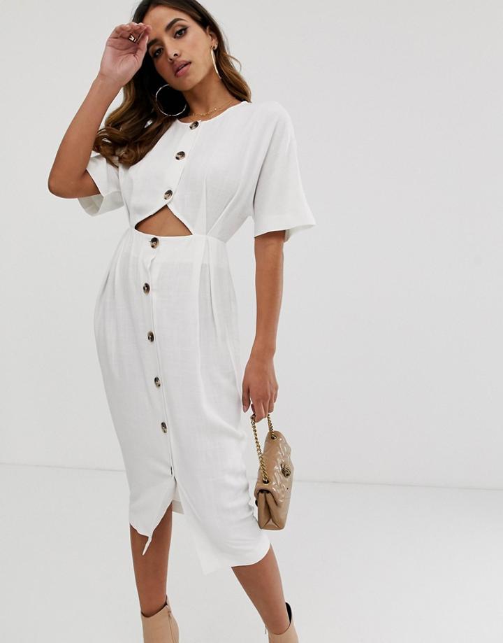 Asos Design Button Through Cut Out Midi Dress - Cream