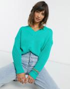 Asos Design Sweater With V Neck And Ribbed Sleeves In Green