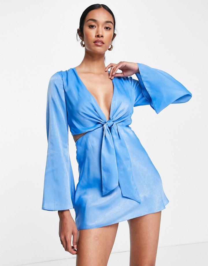 Asos Design Satin Tie Front Mini Dress With Fluted Sleeves In Blue-multi