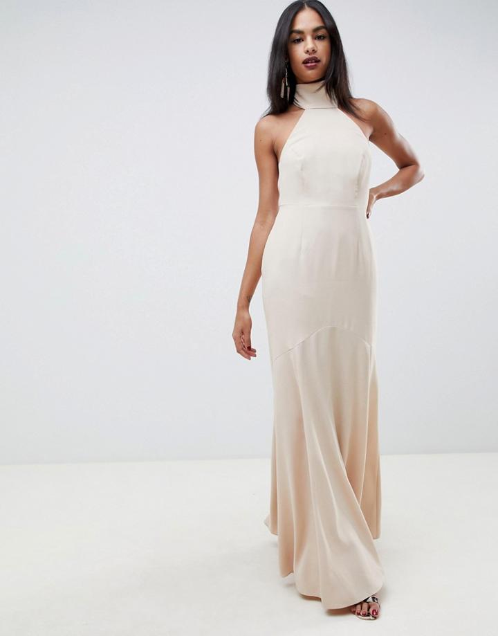 Asos Design High Neck Maxi Dress In Crepe - Beige