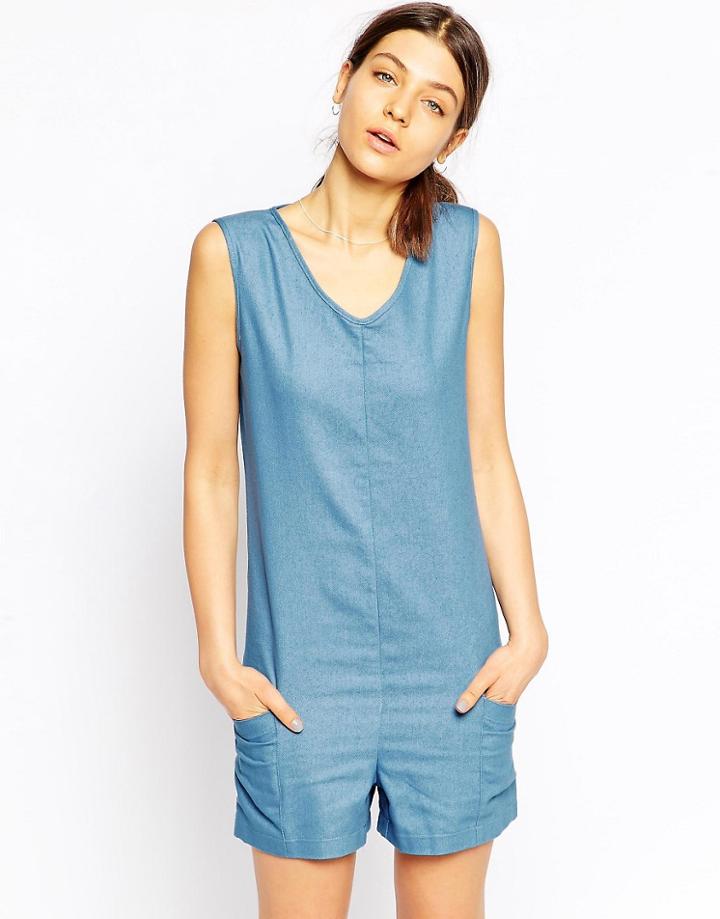 Tired Of Tokyo Sleeveless Denim Playsuit With Pocket Detail - Denim