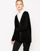 Shae Wool Blend Leather Trimmed Zip Front Cardigan - Solid Black