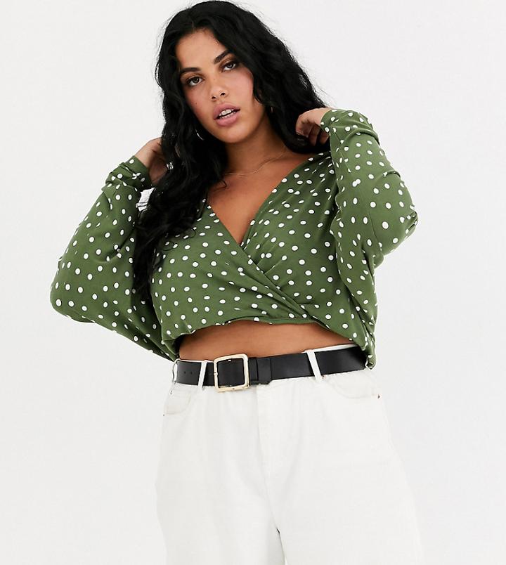 Asos Design Curve Wrap Top With Batwing Sleeve In Polka Dot
