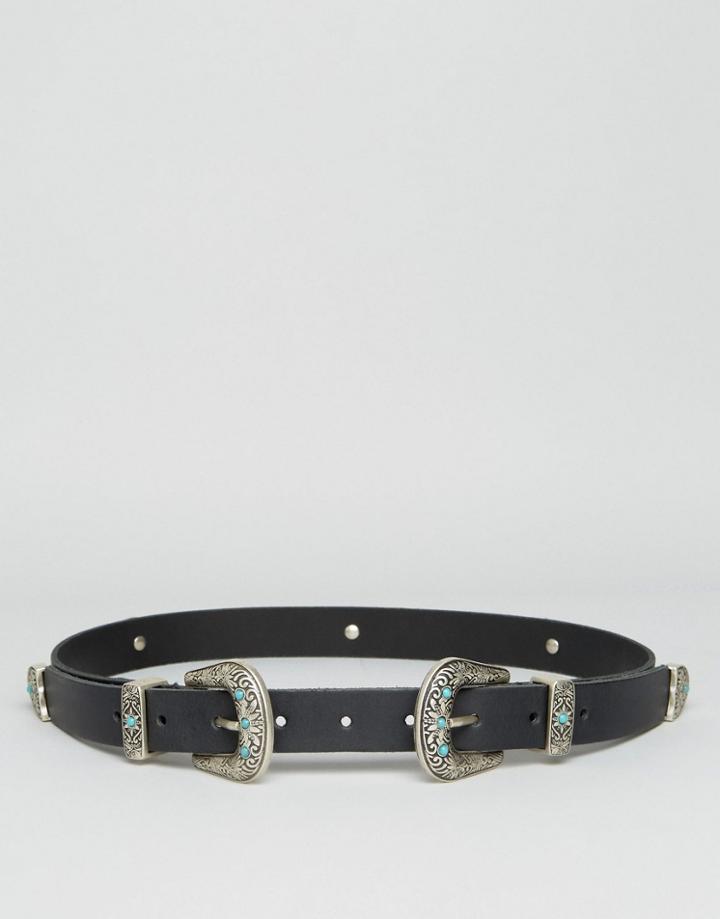 Asos Leather Double Buckle Turq Stone Waist And Hip Belt - Black