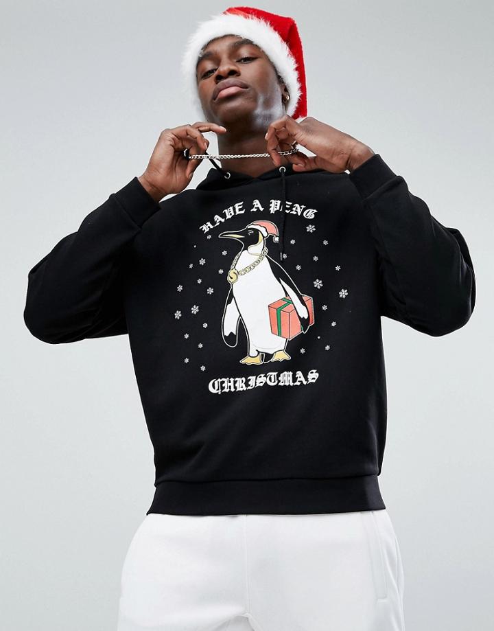 Asos Oversized Hoodie With Holidays Penguin Print - Black
