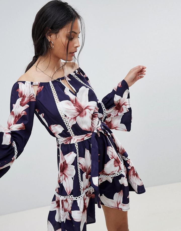 Parisian Off Shoulder Floral Dress - Navy