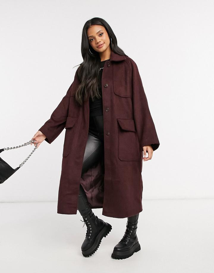 Asos Design Collared Button Boyfriend Coat In Oxblood