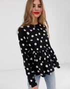 Asos Design Smock Top In Ditsy Print With Long Sleeves - Black
