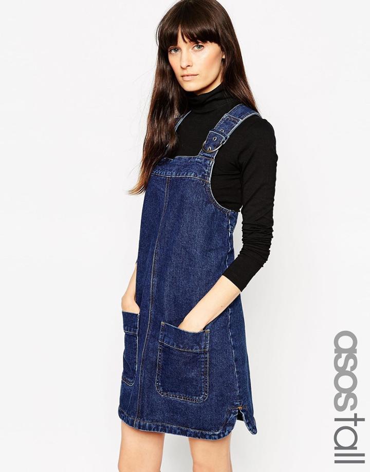 Asos Tall Denim Pinafore Dress With Patch Pockets In Rich Blue - Blue
