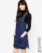 Asos Tall Denim Pinafore Dress With Patch Pockets In Rich Blue - Blue
