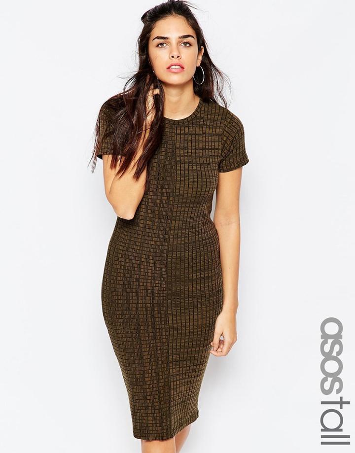Asos Tall Column Midi Dress In Rib - Khaki