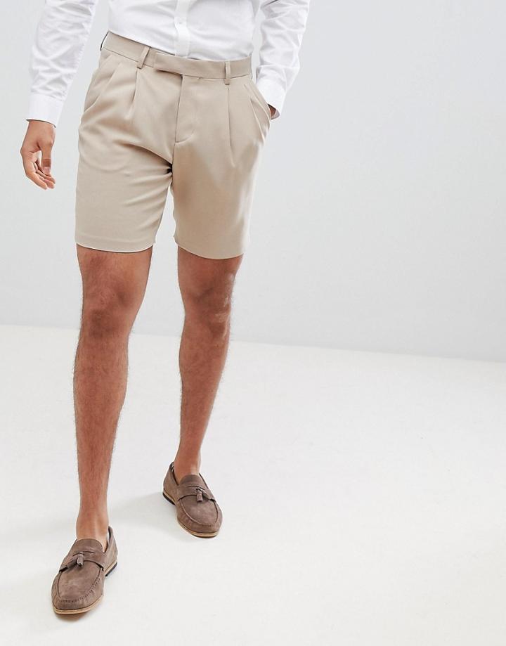 Asos Design Crepe Pleat Front Tapered Smart Short In Tan - Beige