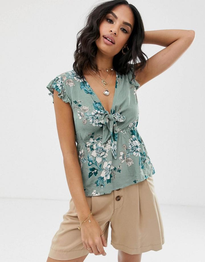 Vila Floral Tie Front Top - Blue