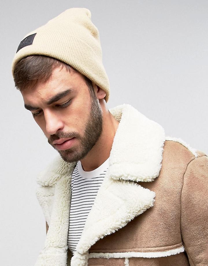 Asos Patch Beanie In Camel With Patch - Beige