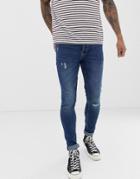 Only & Sons Super Skinny Washed Blue Jeans With Knee Break - Blue