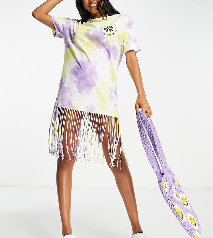 Collusion Tie Dye T-shirt Dress With Fringing In Purple