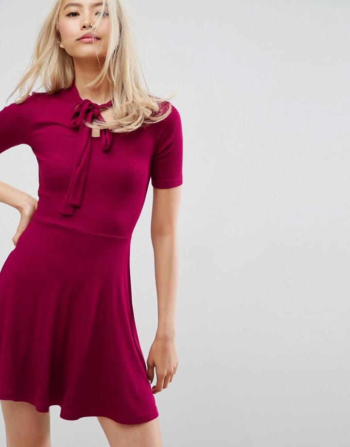 Asos Mini Tea Dress In Rib With Tie Detail - Red